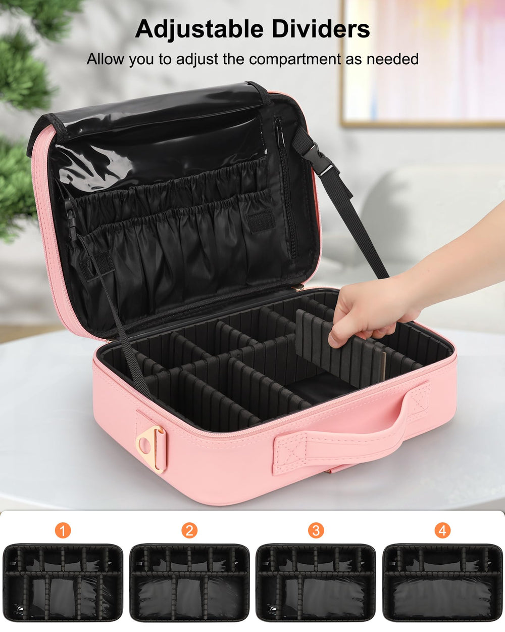Relavel travel makeup train case adjustable dividers flex to fit tools and palettes