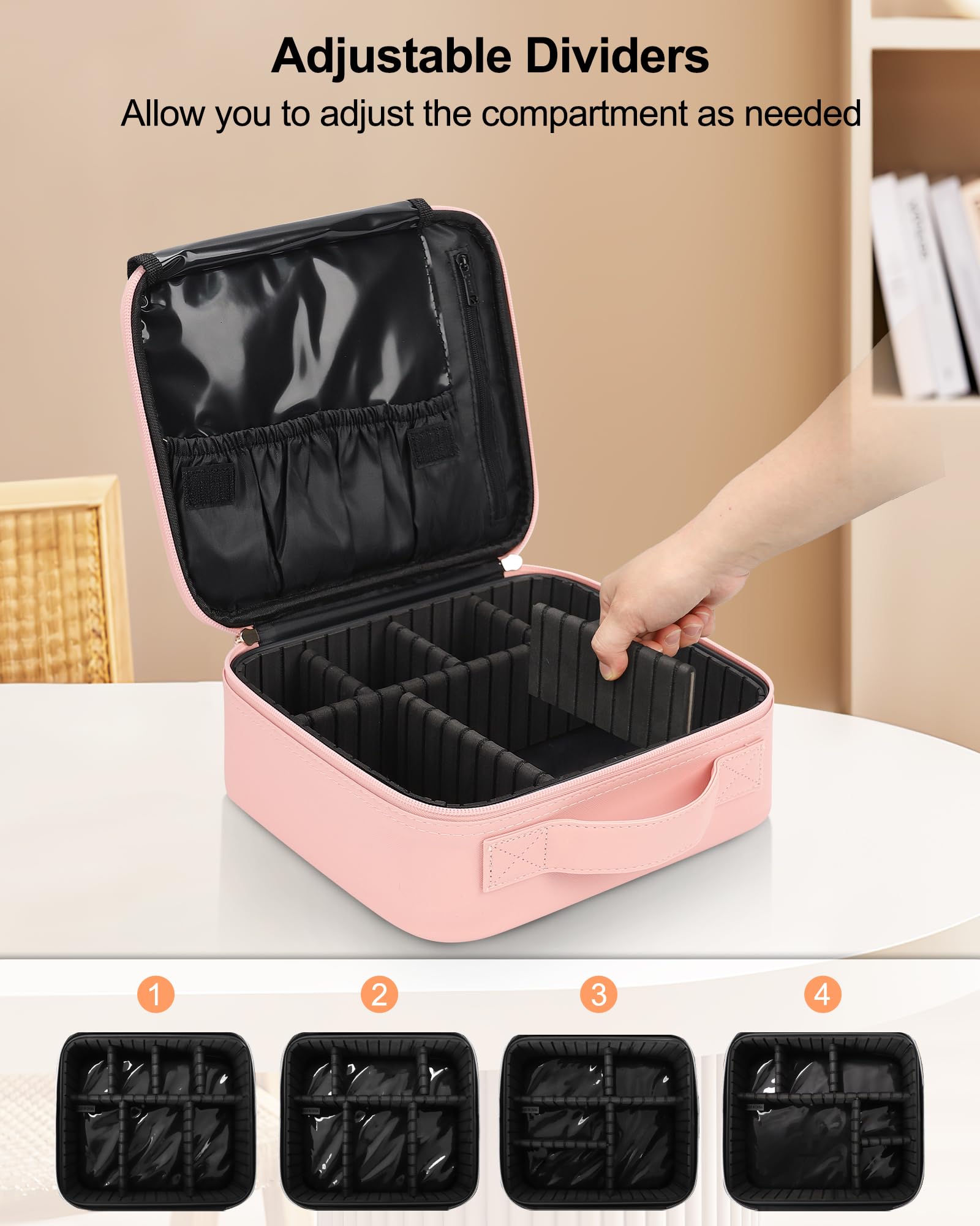 Relavel travel makeup train case adjustable dividers—customizable space for brushes and palettes.