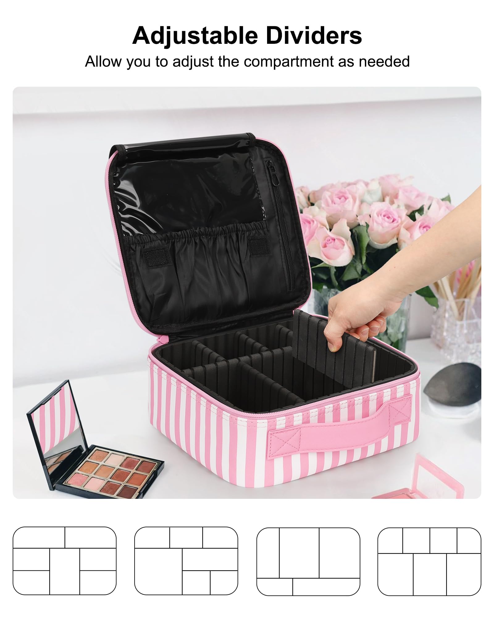 Relavel travel makeup train case adjustable dividers tailor storage for varied cosmetics