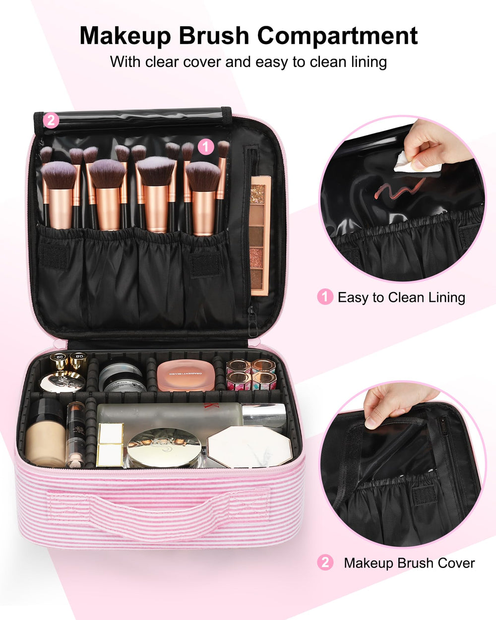 Relavel travel makeup train case with six adjustable dividers for customization