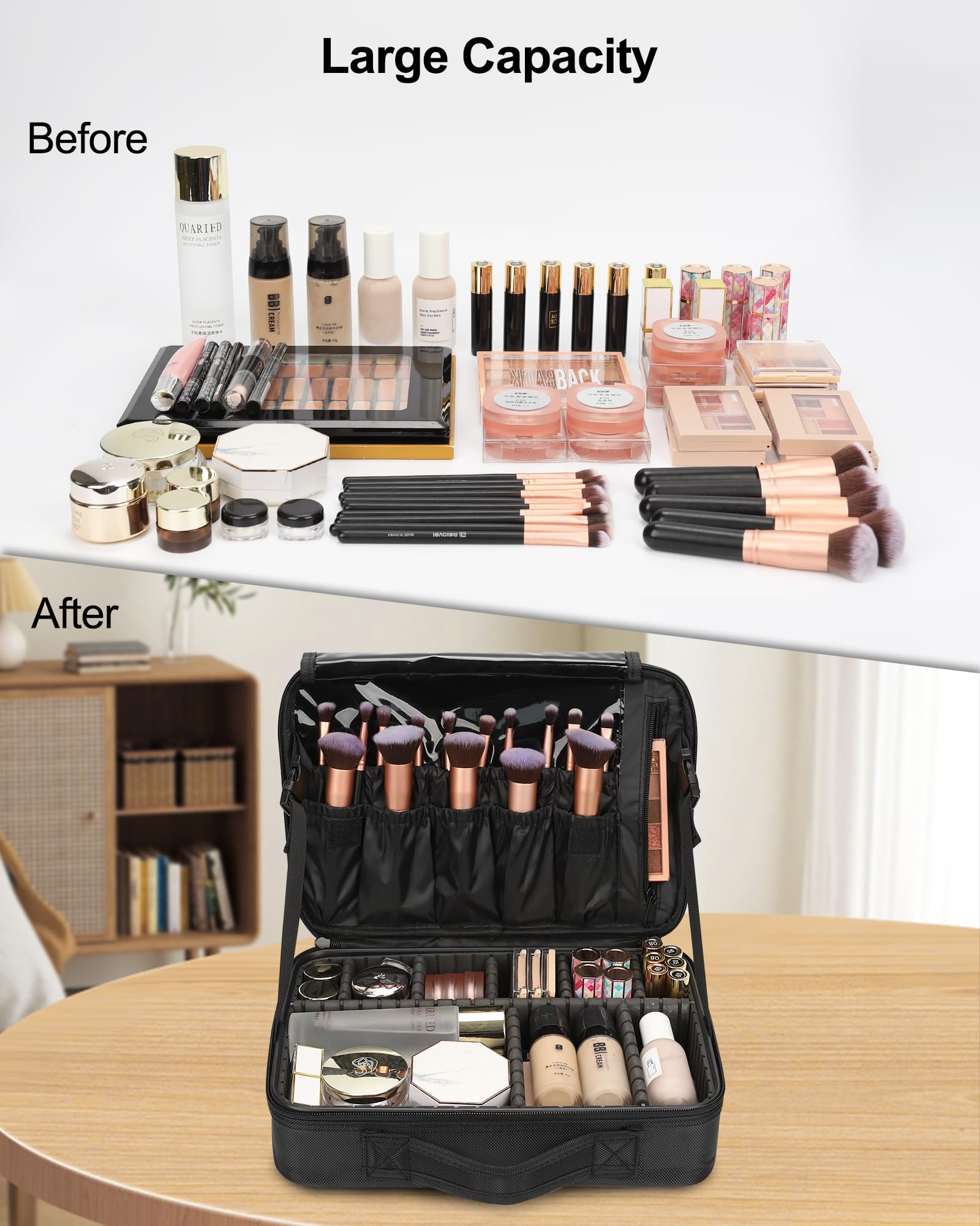 Relavel travel makeup train case black bottom compartment stores larger items.