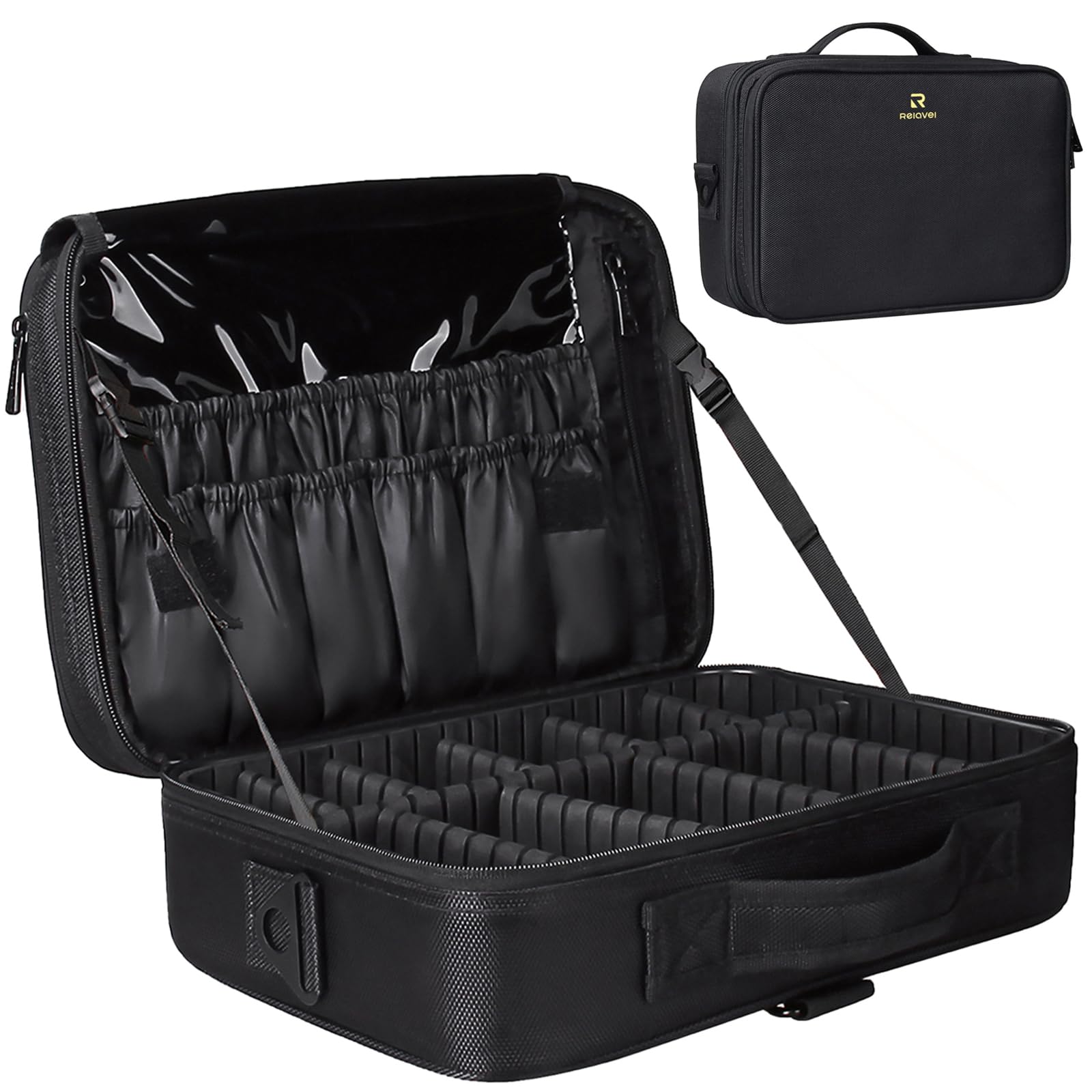 Relavel travel makeup train case in black exterior highlighting durable construction for daily use.