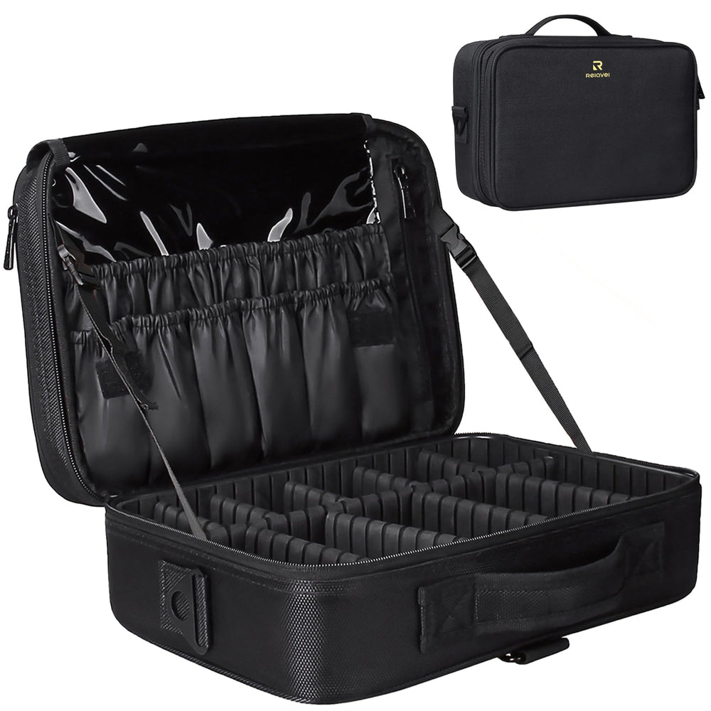 Relavel travel makeup train case in black exterior highlighting durable construction for daily use.