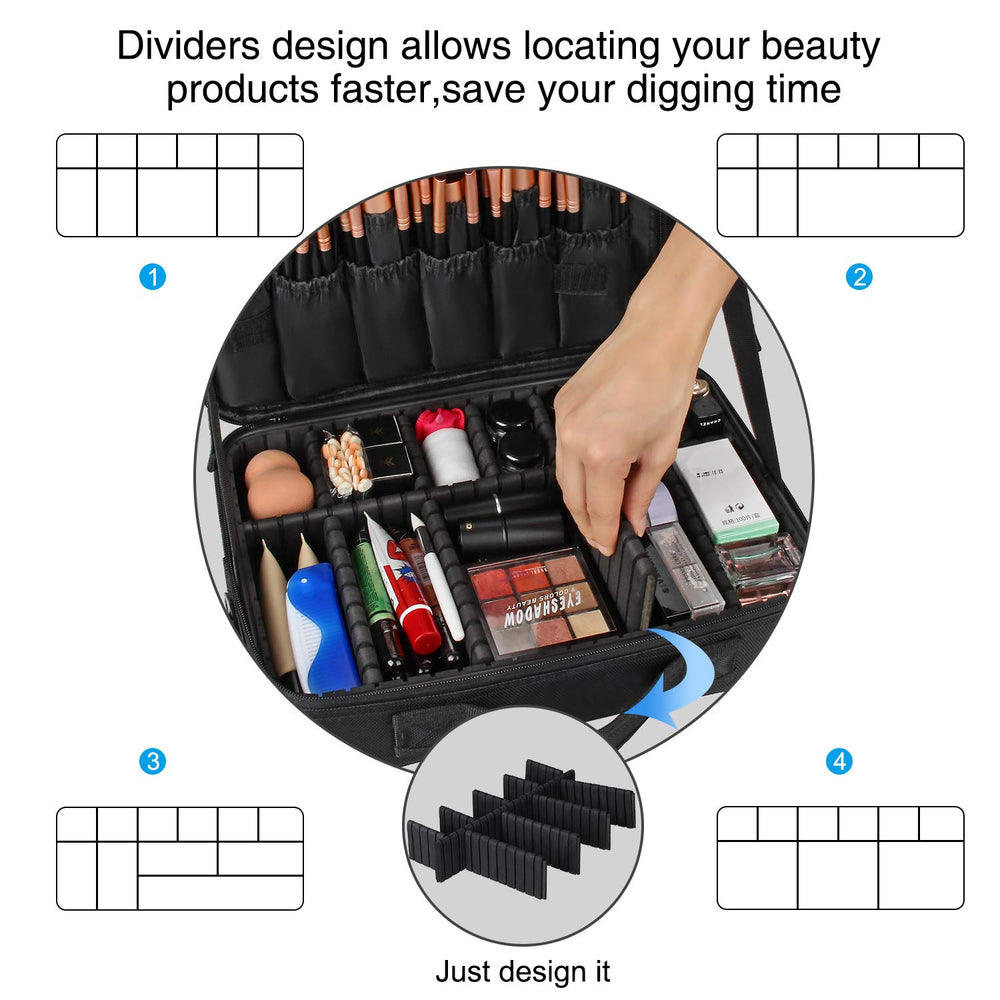 Relavel travel makeup train case black interior layout demonstrates adjustable dividers for customized storage.