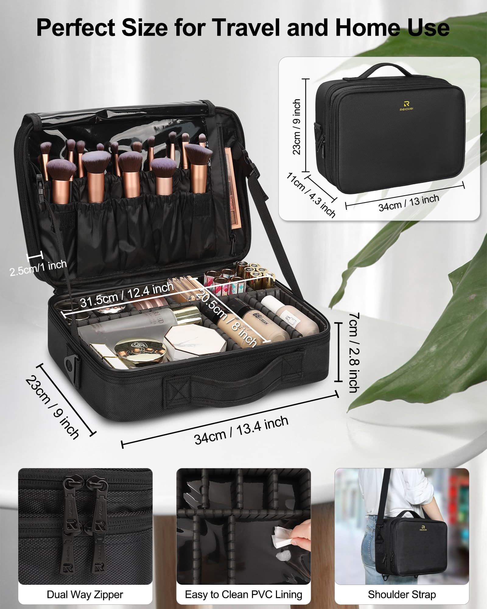 Relavel travel makeup train case black mesh pockets organize small accessories.