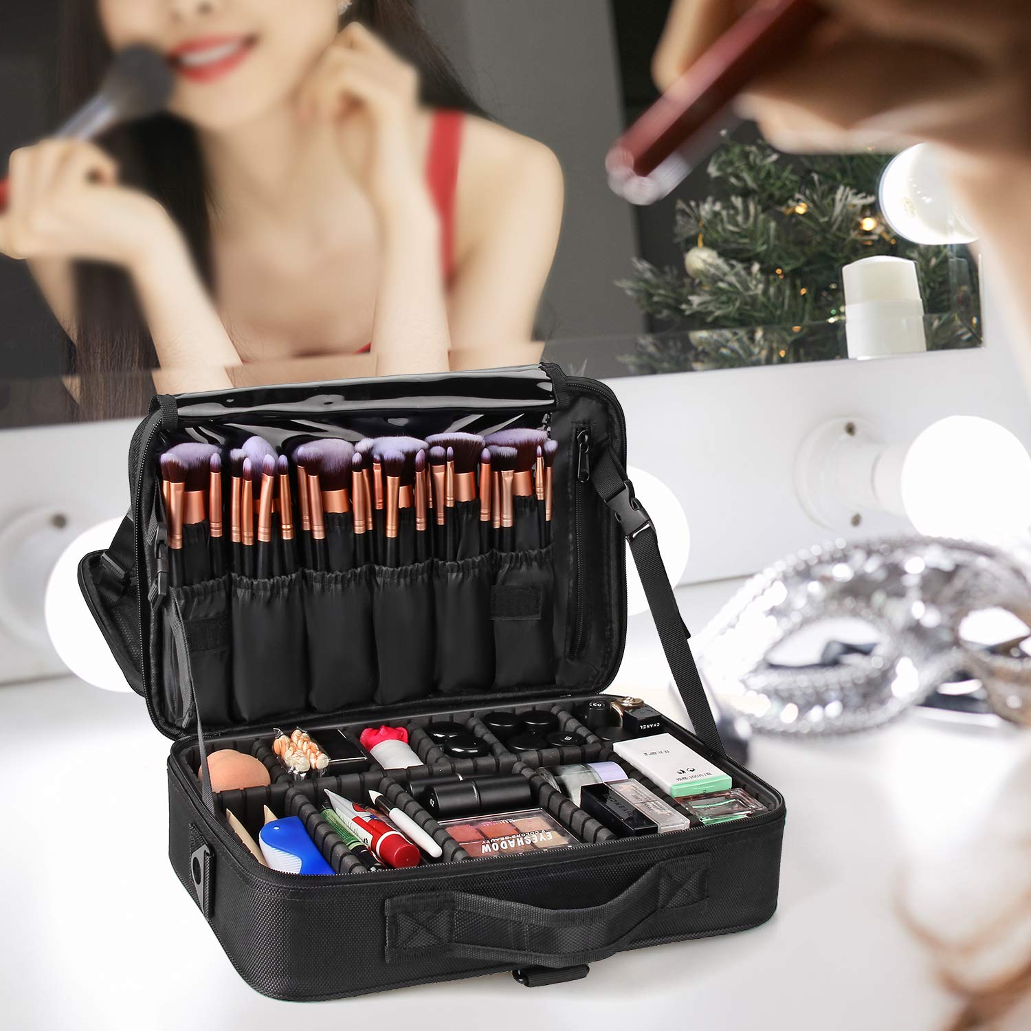 Relavel travel makeup train case black open top view showing interior organization for cosmetics.