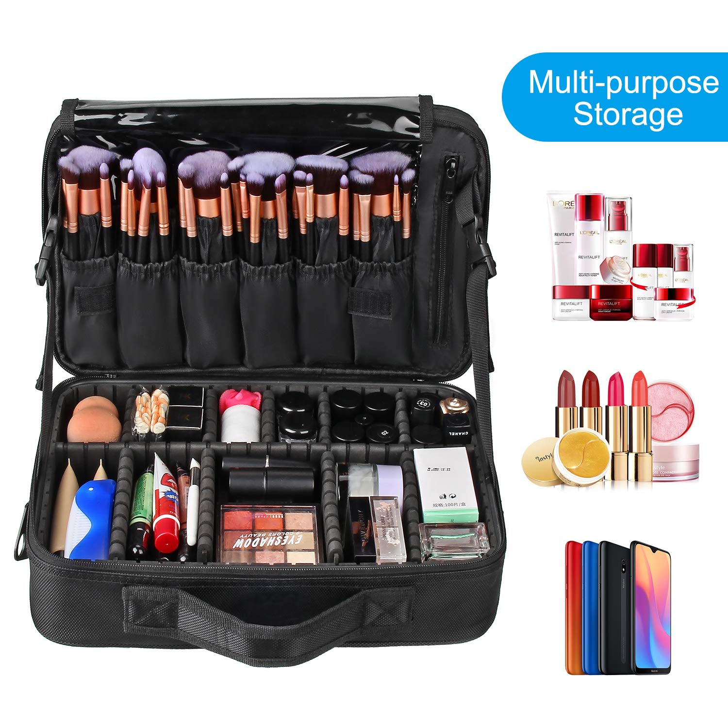 Relavel travel makeup train case black waterproof material protects contents.