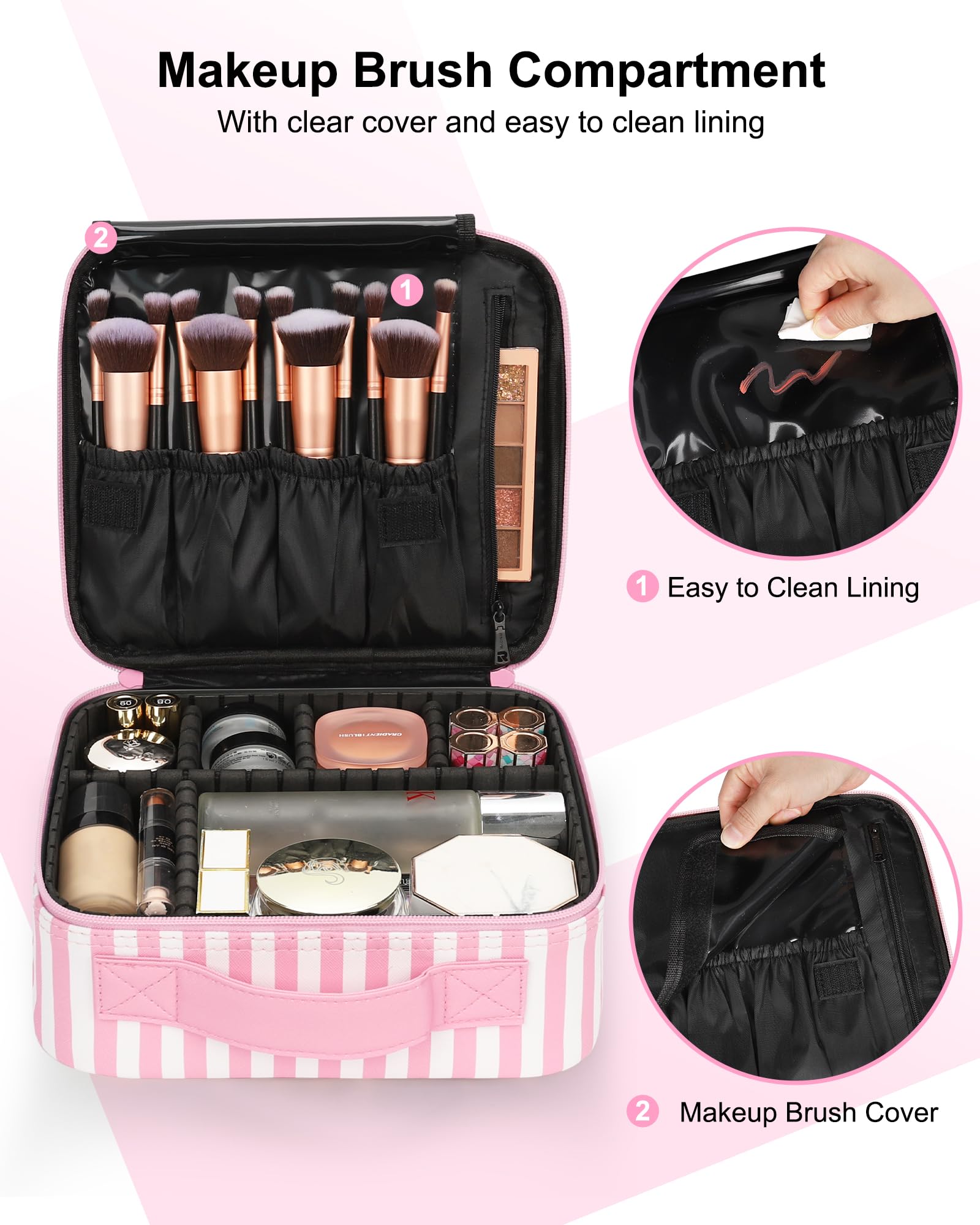 Relavel travel makeup train case brush compartment keeps brushes organized and protected