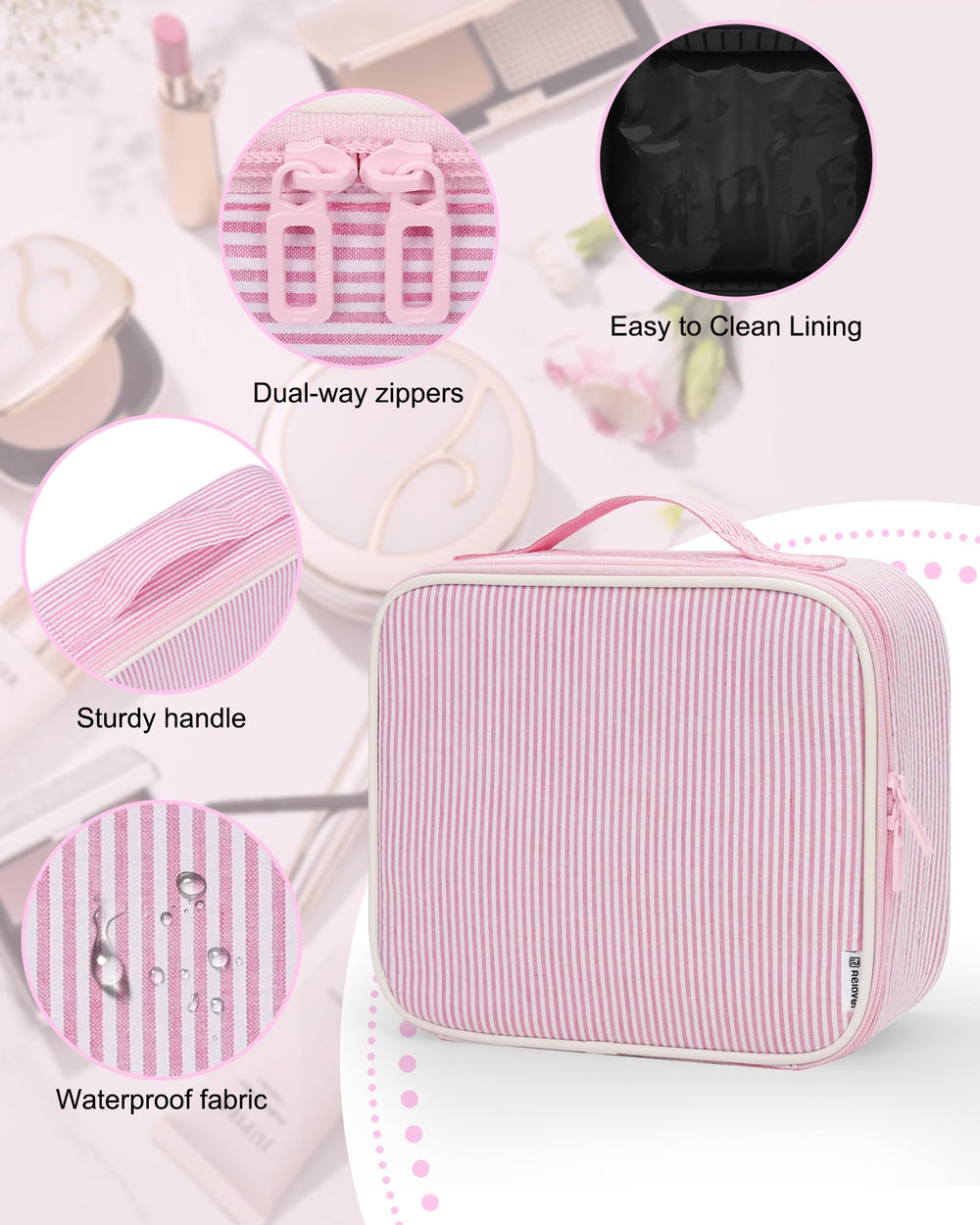 Relavel travel makeup train case brushes housed in dedicated compartment