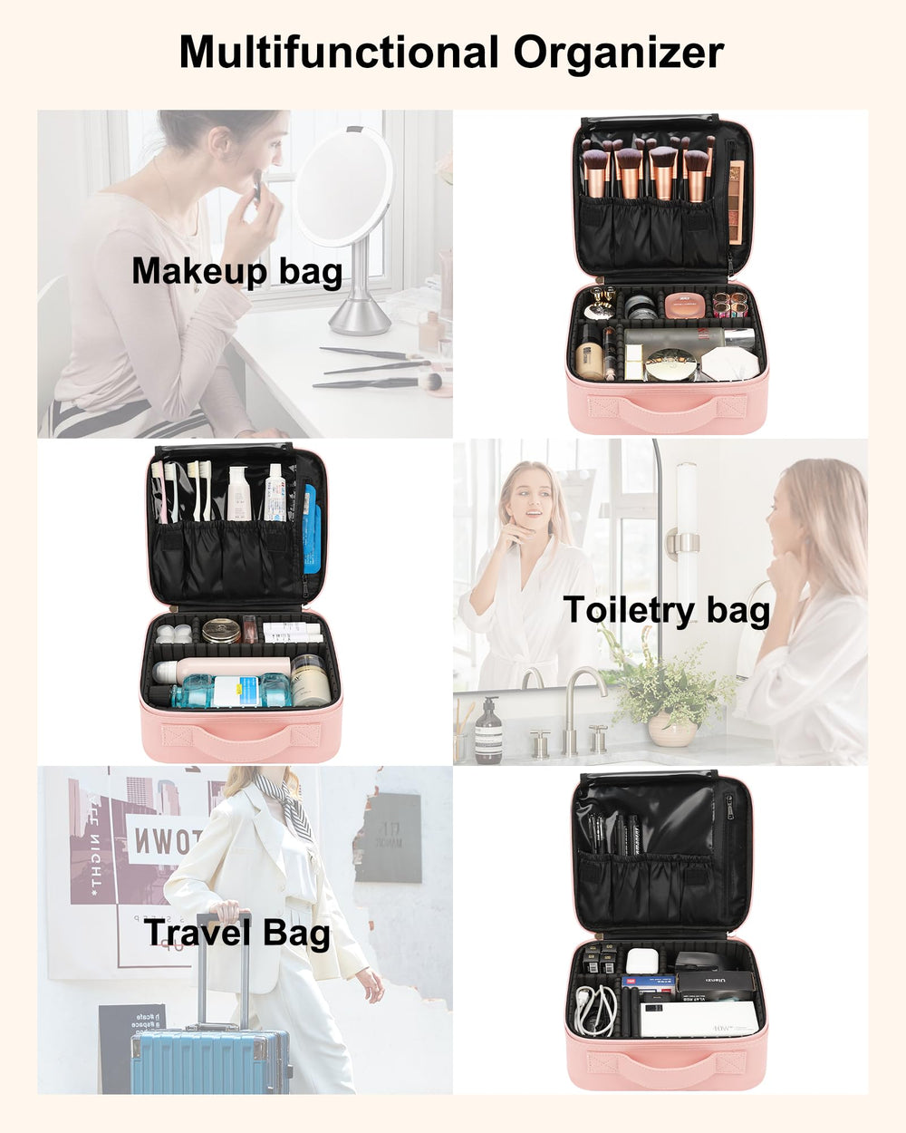 Relavel travel makeup case compact dimensions and generous storage for essentials.