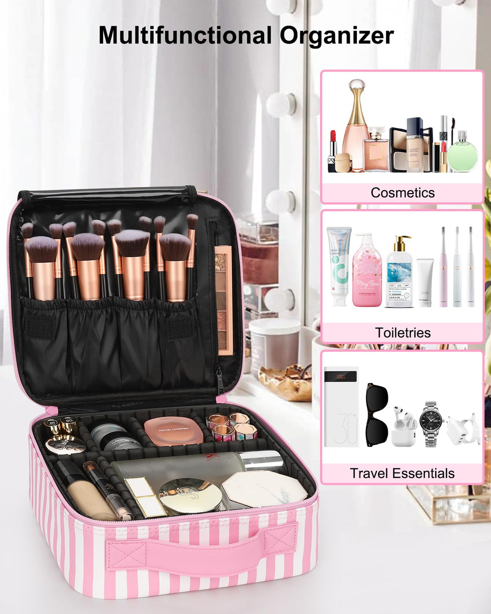 Relavel travel makeup train case includes dual-way zippers for smooth access
