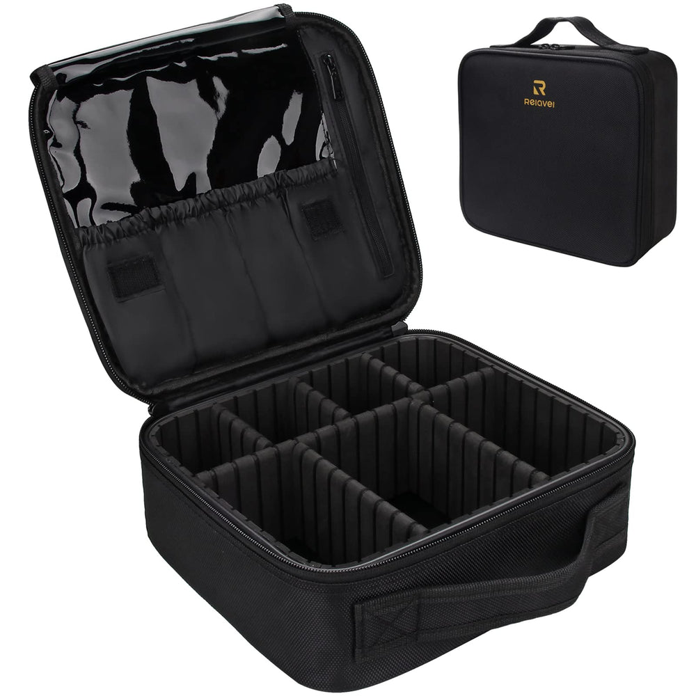 Relavel travel makeup train case exterior showcases premium oxford fabric for durable travel.