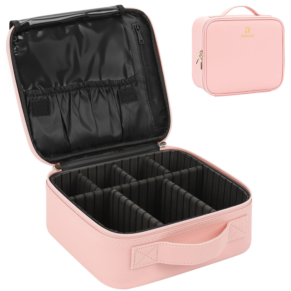 Relavel travel makeup train case front view—compact pink organizer for on-the-go cosmetics.