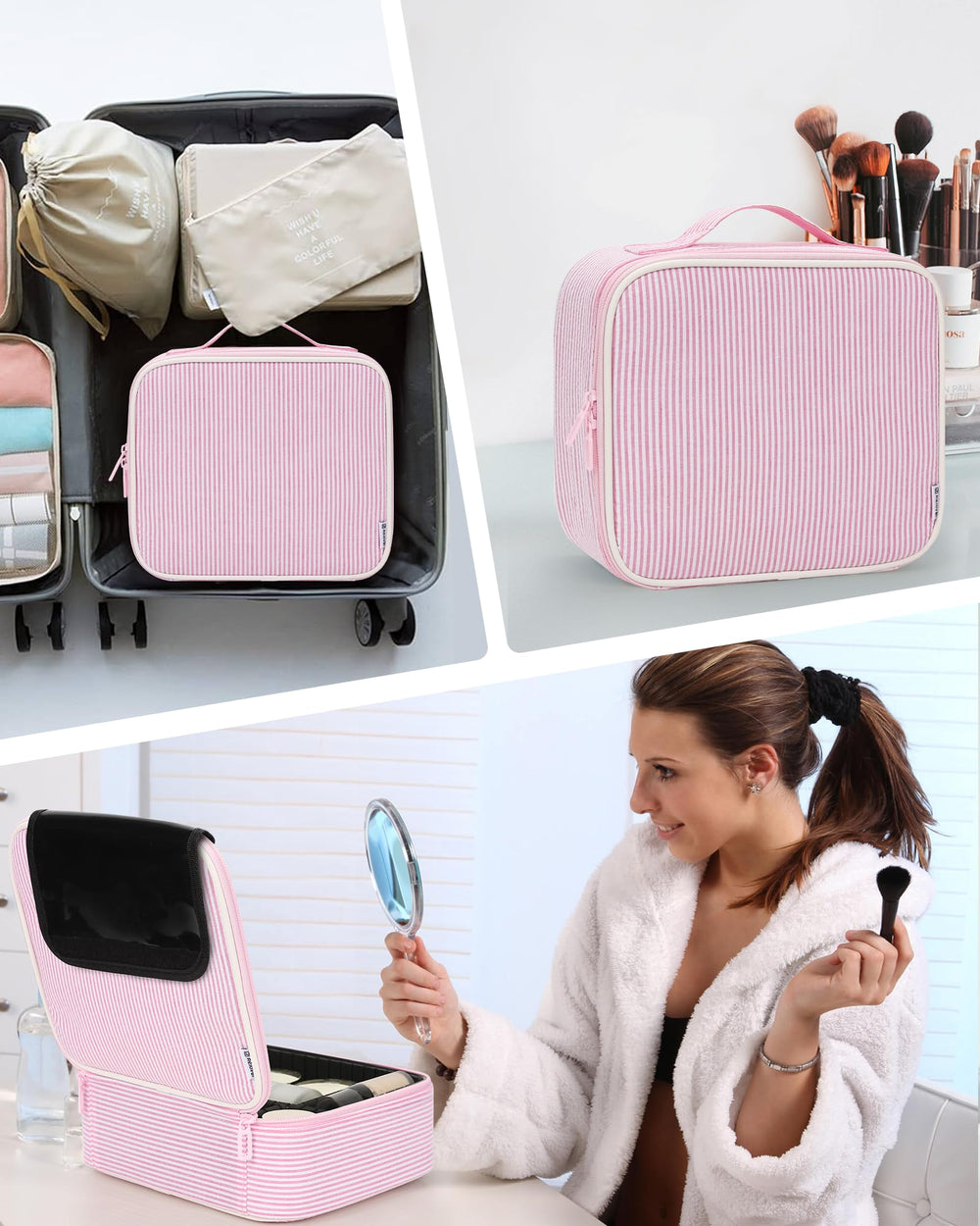 Relavel travel makeup train case in use as a travel bag on trips
