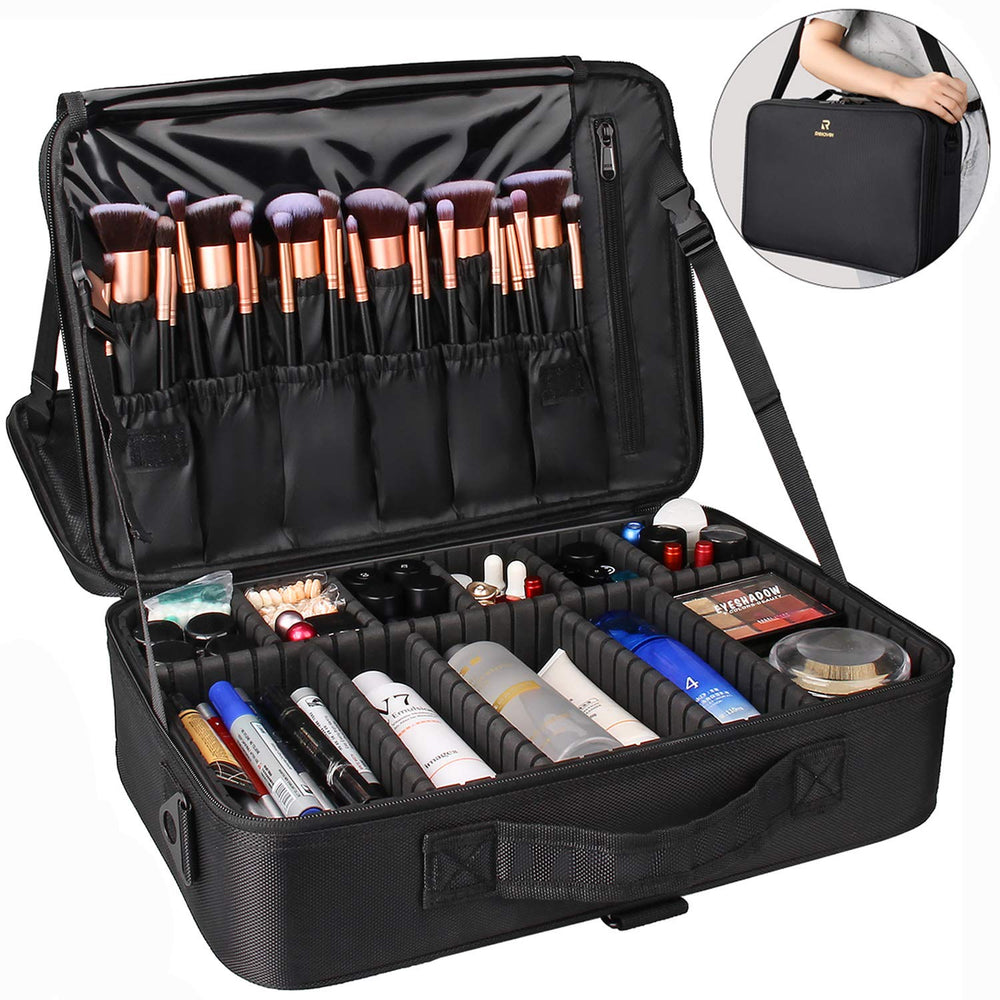 Relavel travel makeup train case inside layout shows partitioned compartments for brushes and palettes