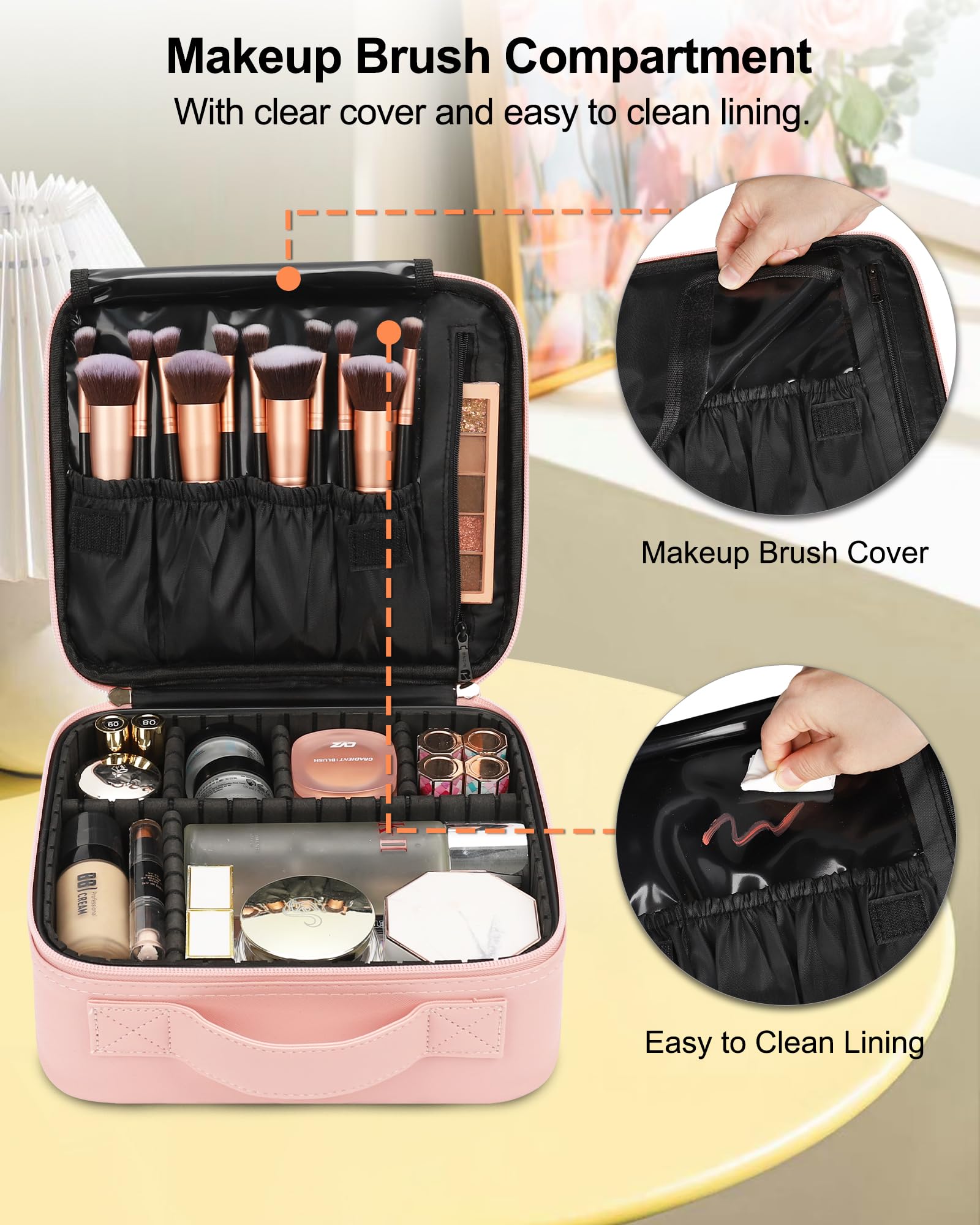 Relavel travel makeup train case interior detail—soft nylon lining and organized pockets.