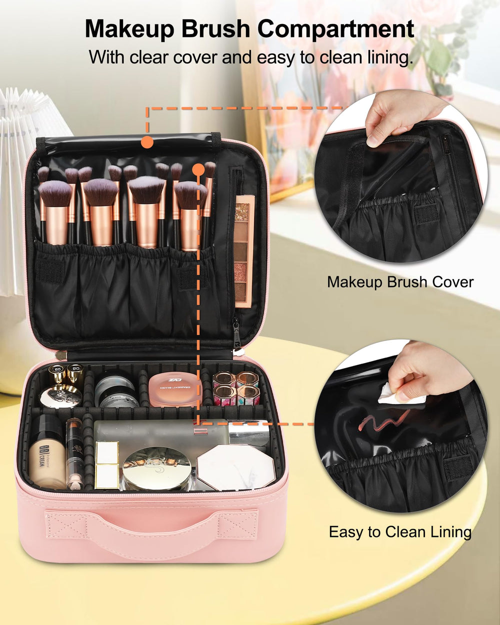 Relavel travel makeup train case interior detail—soft nylon lining and organized pockets.