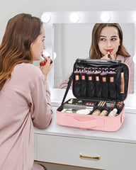 Relavel travel makeup train case interior layout shows neat compartments for cosmetics