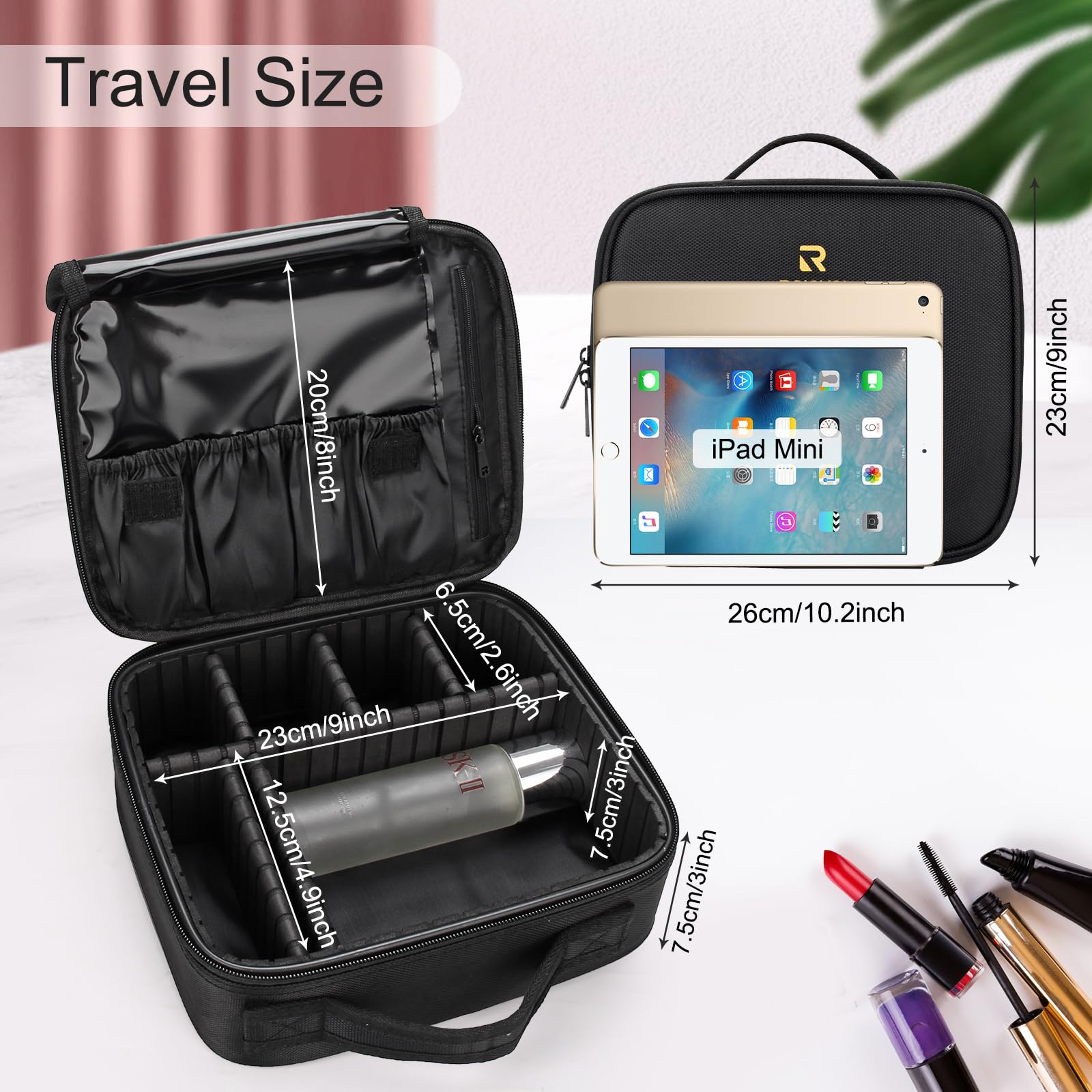 Relavel travel makeup train case interior with adjustable dividers keeps cosmetics organized.