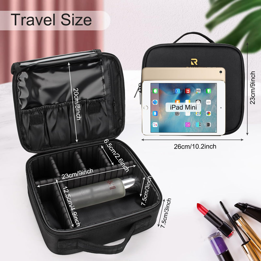 Relavel travel makeup train case interior with adjustable dividers keeps cosmetics organized.