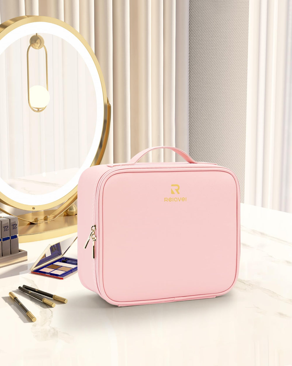 Relavel makeup train case open compartments for quick access to lipsticks and brushes.