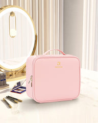 Relavel makeup train case open compartments for quick access to lipsticks and brushes.