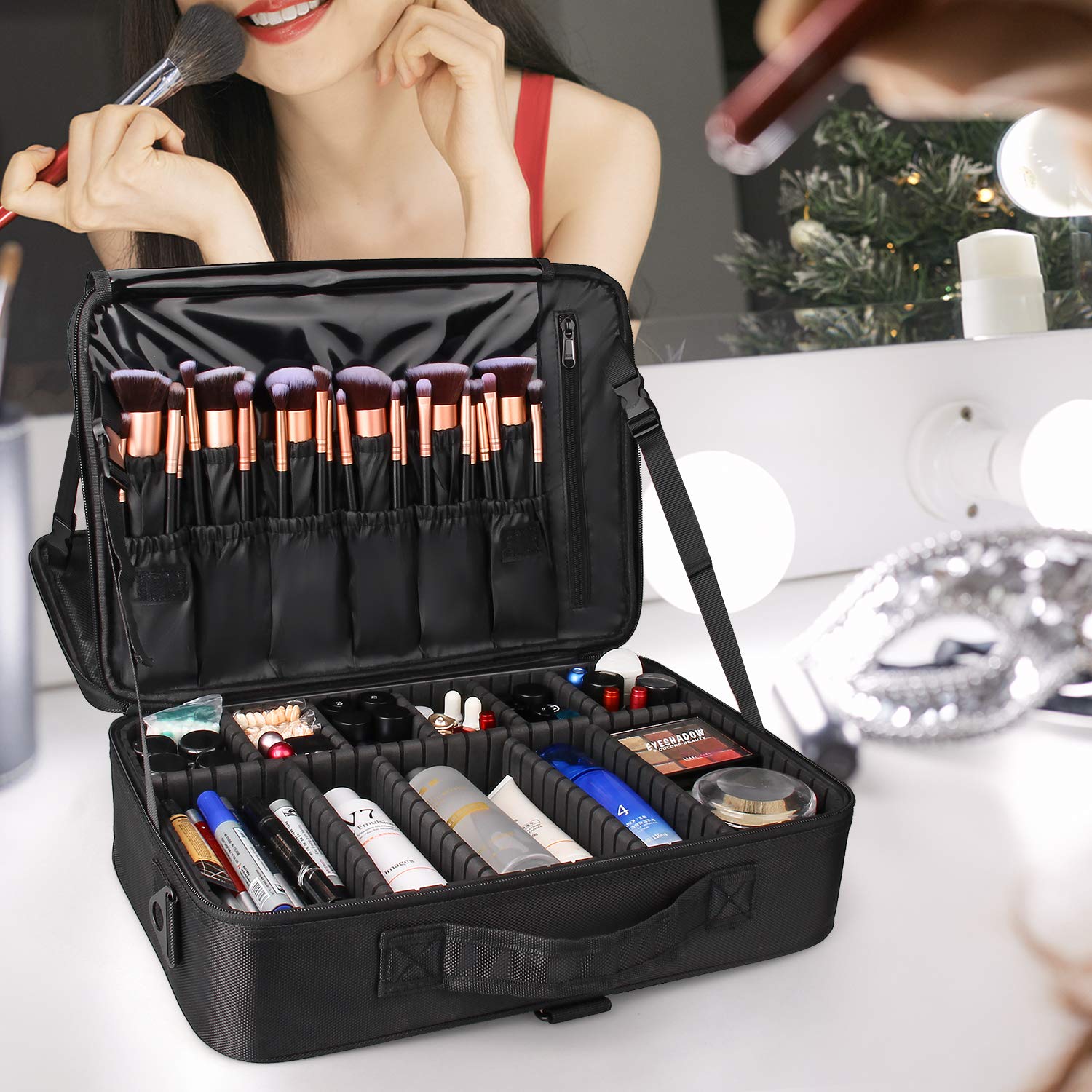 Relavel travel makeup train case open reveals organized interior for quick cosmetics access