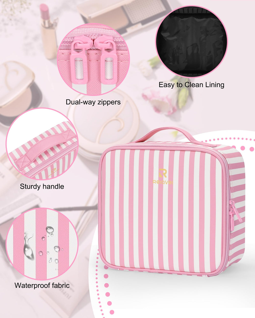 Relavel travel makeup train case features waterproof nylon for durable, easy-clean protection