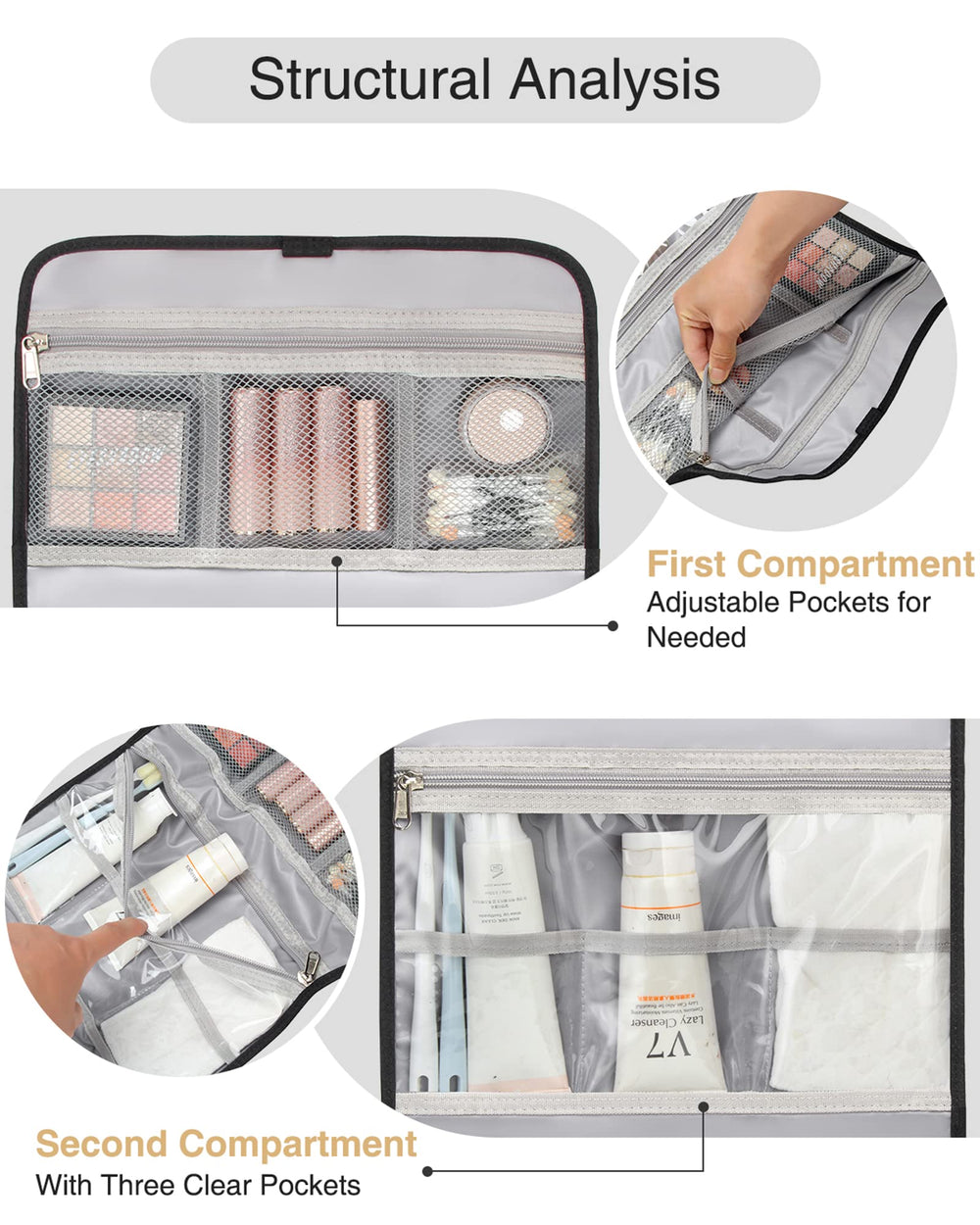 Relavel four-compartment layout helps keep toiletries neatly separated.