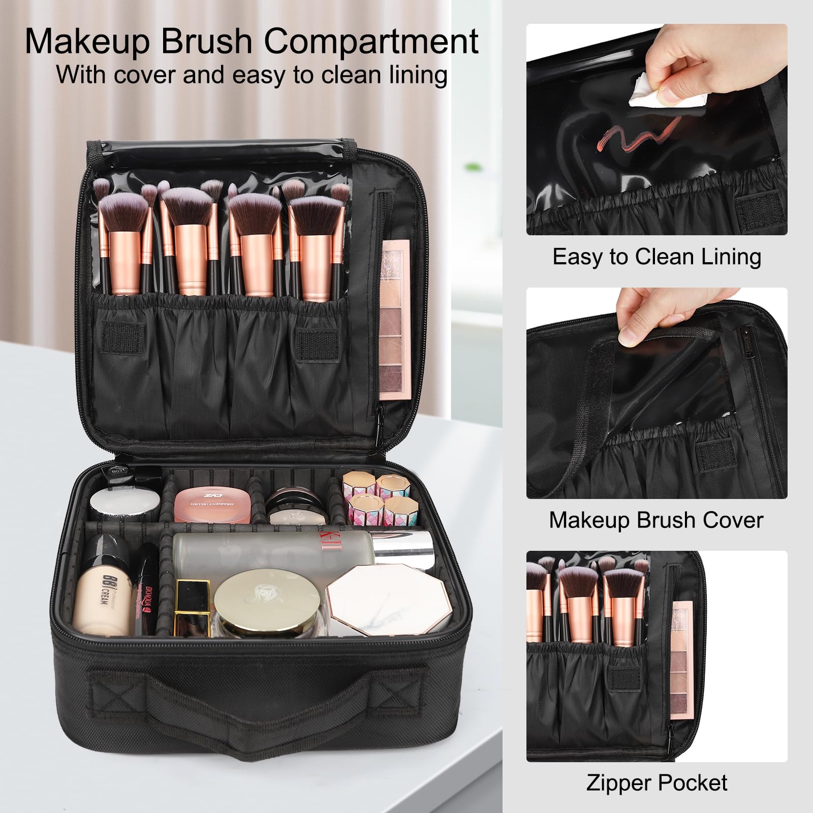Relavel waterproof interior protects cosmetics during travel.
