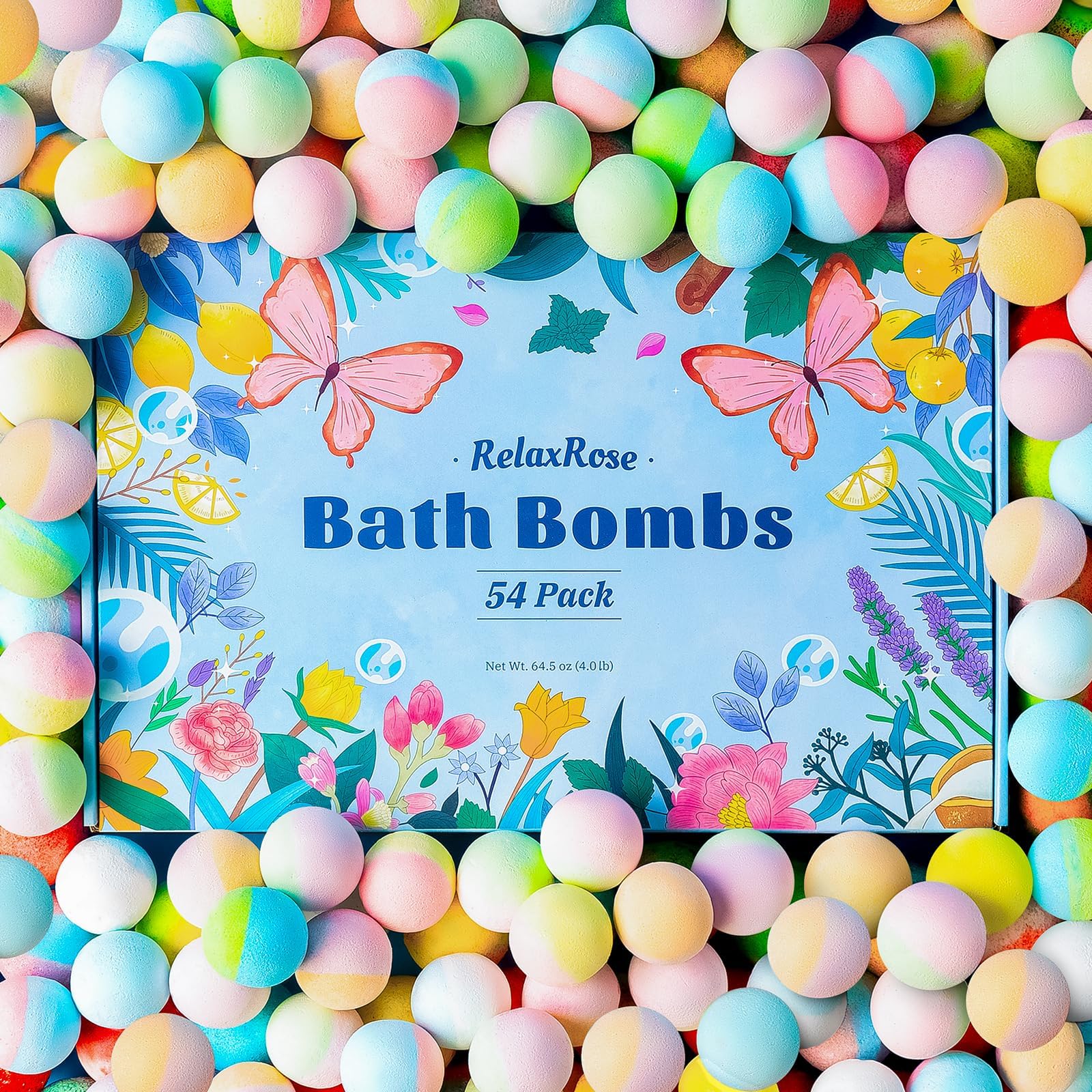 RelaxRose 54-pack bath bombs collection showcasing vibrant colors and mood-boosting scents.