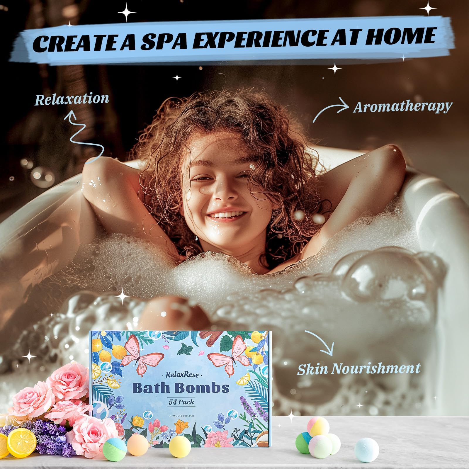 RelaxRose bath bombs dissolve process demonstrates seven-minute fizz and cleansing bubbles.