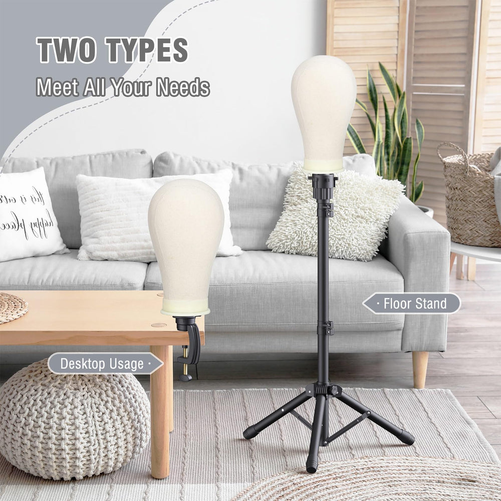 Relx tabletop tripod base supports secure, steady wig work and demonstrations.