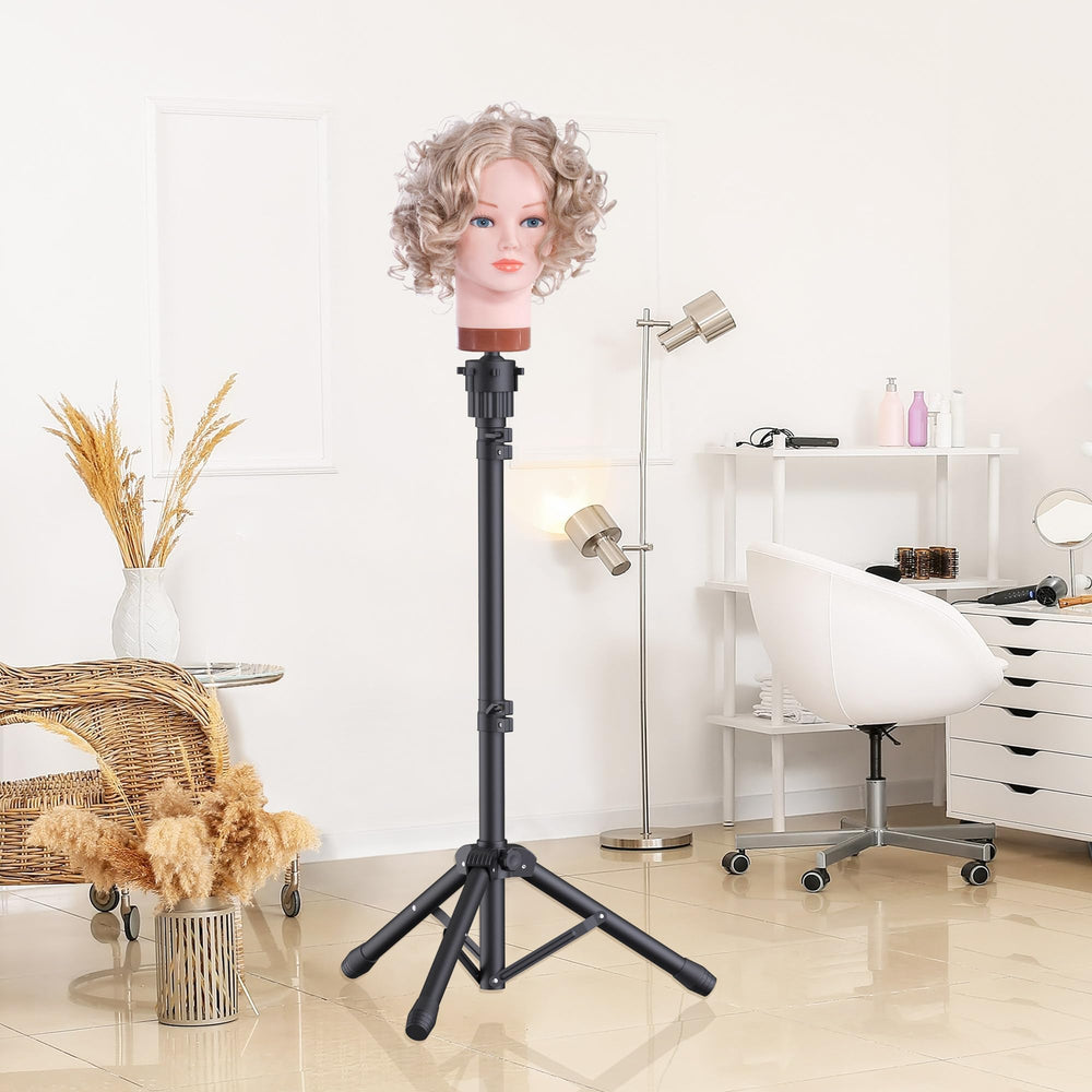 Relx wig head stand height adjustment enables ergonomic salon work.