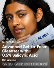 Remedy for Lightweight Cleansing gel-to-foam application in hand demonstrates clean, refreshing cleansing