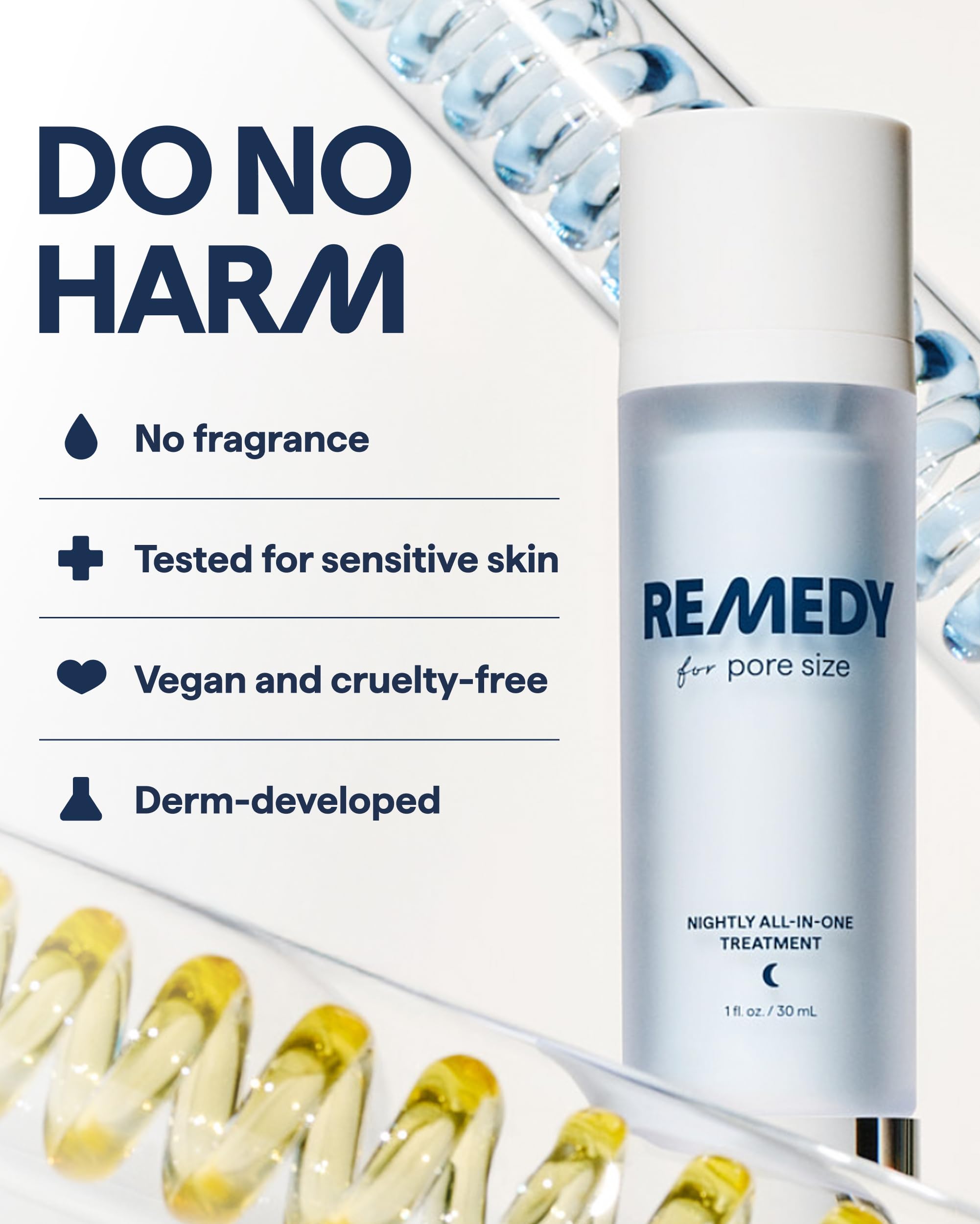 Remedy Science ingredients graphic features retinol, BHA, and niacinamide for balanced skin care.