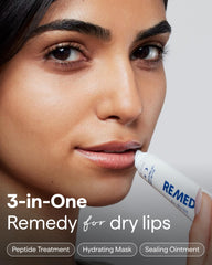 Remedy Science lip balm peptides tube showing smoothing hydration.