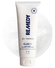 Remedy Science Remedy for Rich Cream Cleansing bottle-pour demonstrates gentle cleansing.