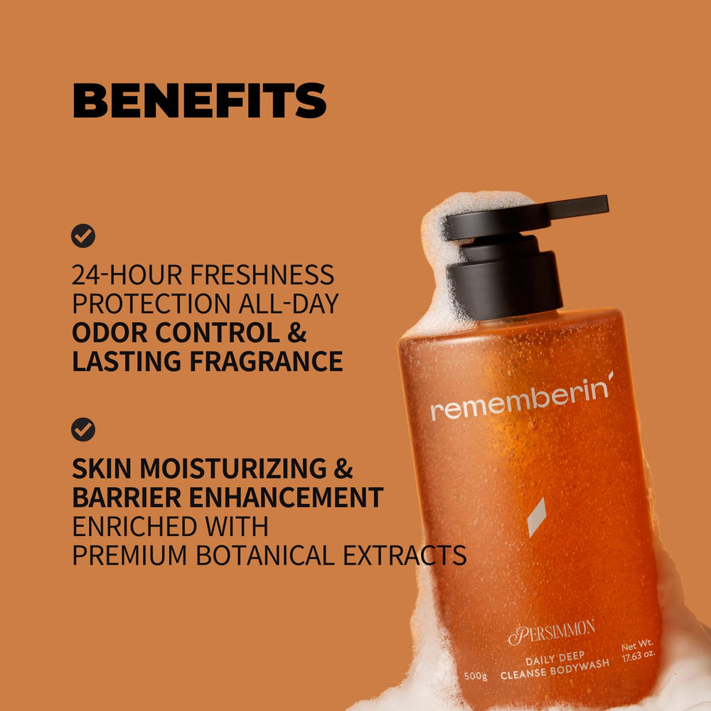Rememberin Persimmon Body Wash clean floral-woody scent during lather experience.