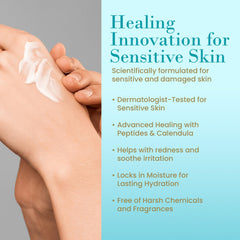 RemeVerse Radiation Cream application swatch, calendula-infused formula calming redness and balance.