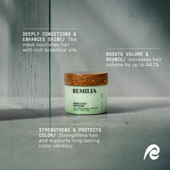 Remilia Hair Mask coconut oil application adds silky, frizz-free feel.