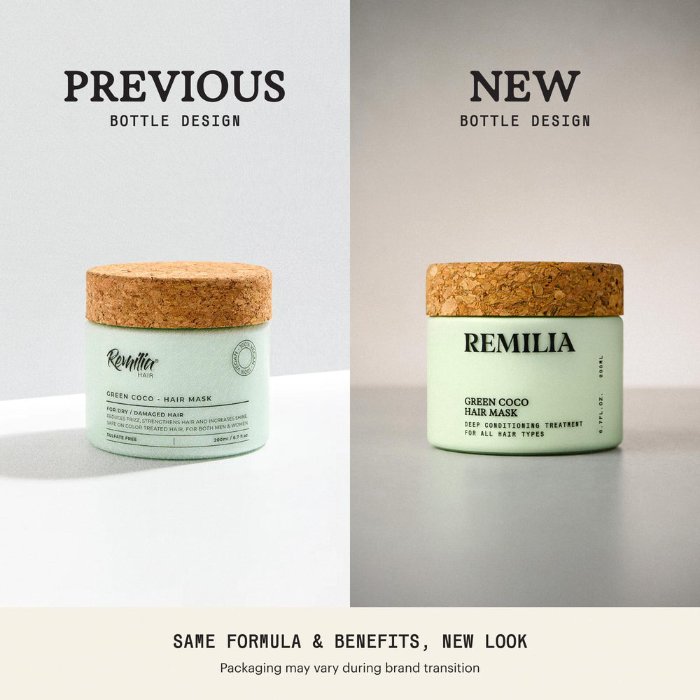 Remilia Hair Mask green coco formula highlights nourishing restoration.