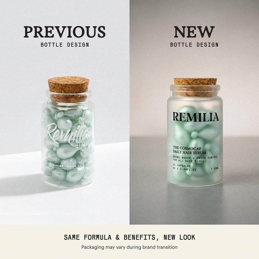 Remilia Hair softgel bottle on a vanity demonstrating weightless hydration everyday use