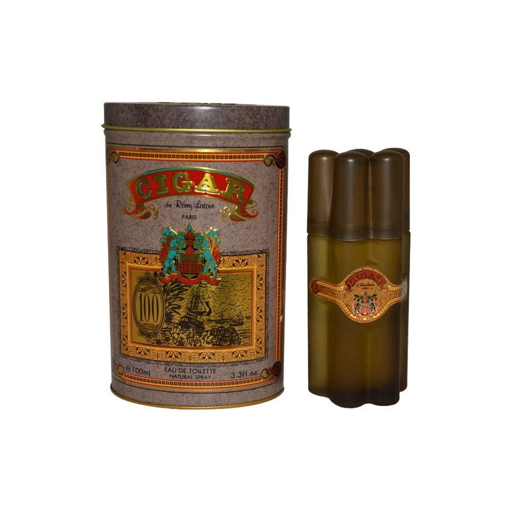 Remy Latour Cigar bottle label close-up—sandalwood and patchouli notes.