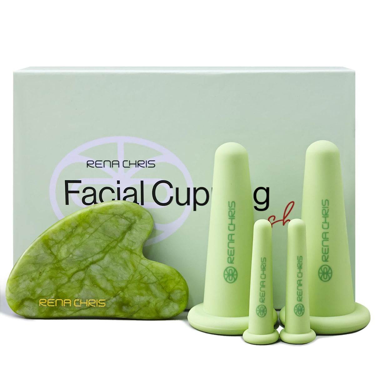 Rena Chris facial cupping set face silicone tools promote gentle circulation and de-puffing.