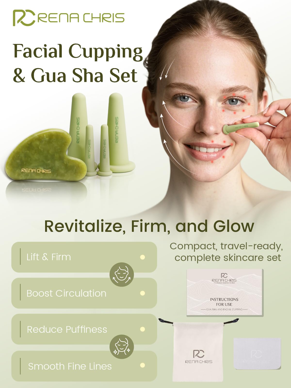 Rena Chris facial cupping set neck silicone tool contours the jawline and relaxes muscles.