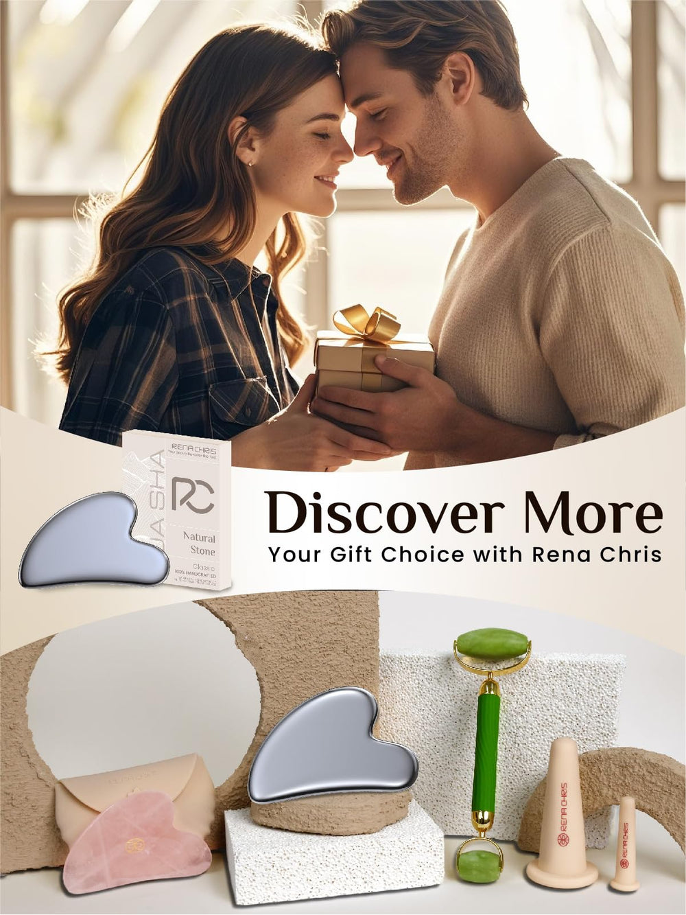 Rena Chris silver-gray gua sha tool shown beside elegant packaging