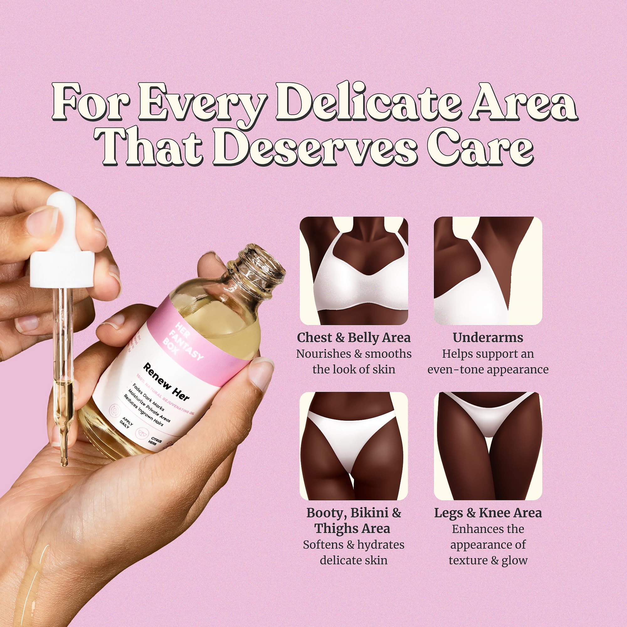 Renew Her oil being applied to the arm—versatile use for dry skin.