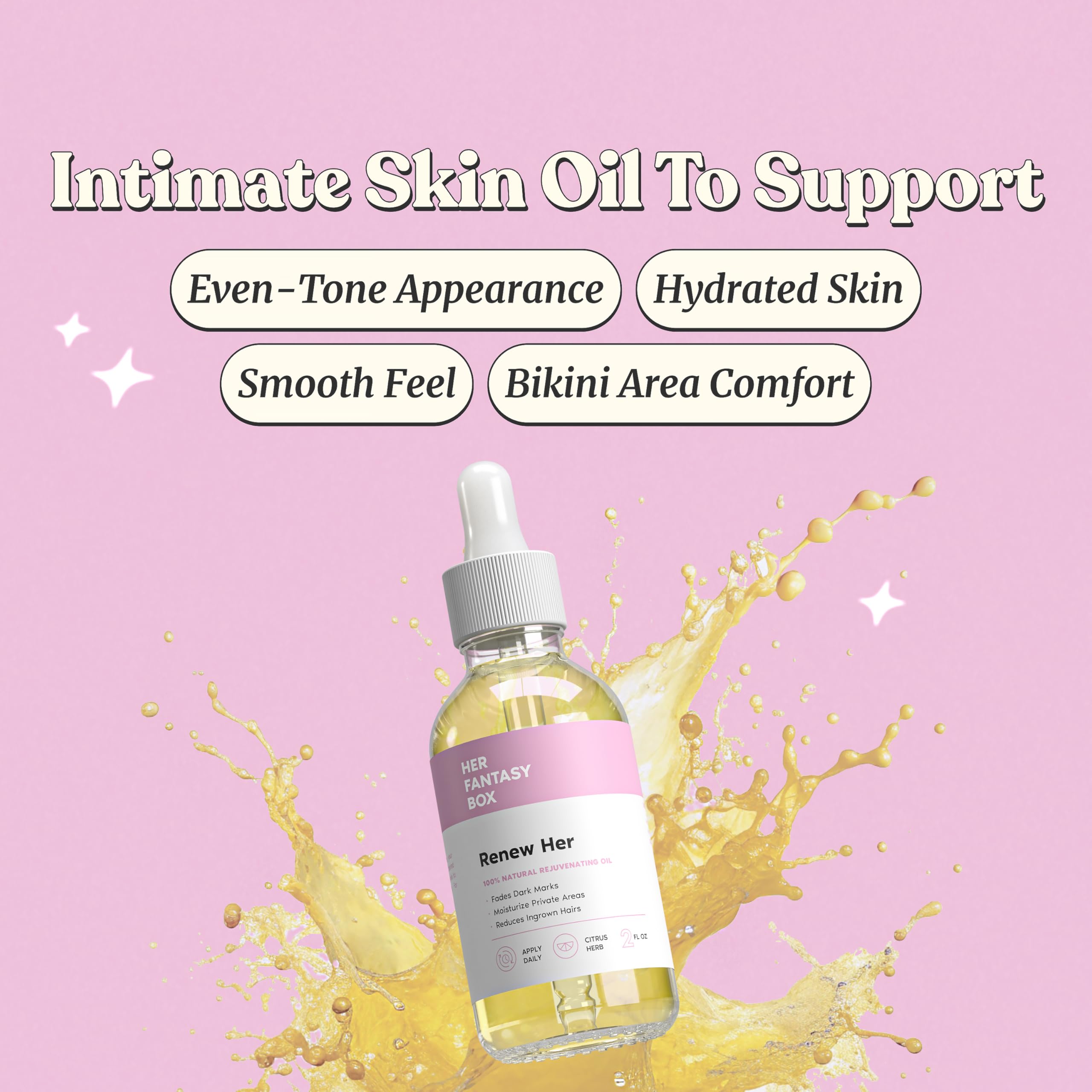 Renew Her oil dropper closeup—rich, soothing formula for irritation relief.