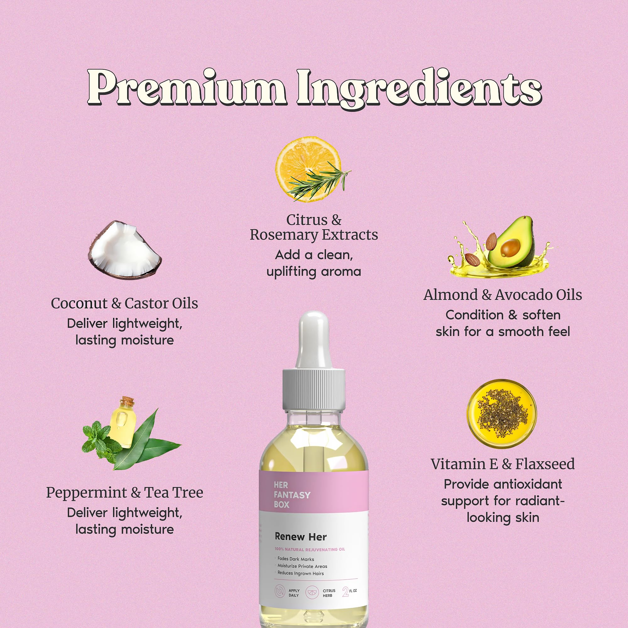 Renew Her oil ingredients label—100% natural ingredients, no harsh chemicals.